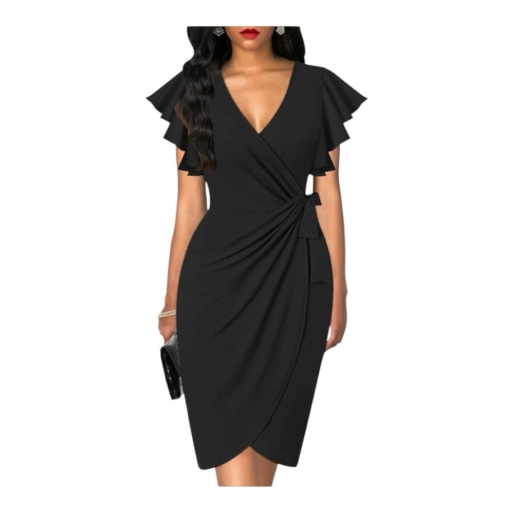 OTEN Black Faux Wrap Sheath Midi Dress Deep V Ruffle Sleeve Work Cocktail Medium